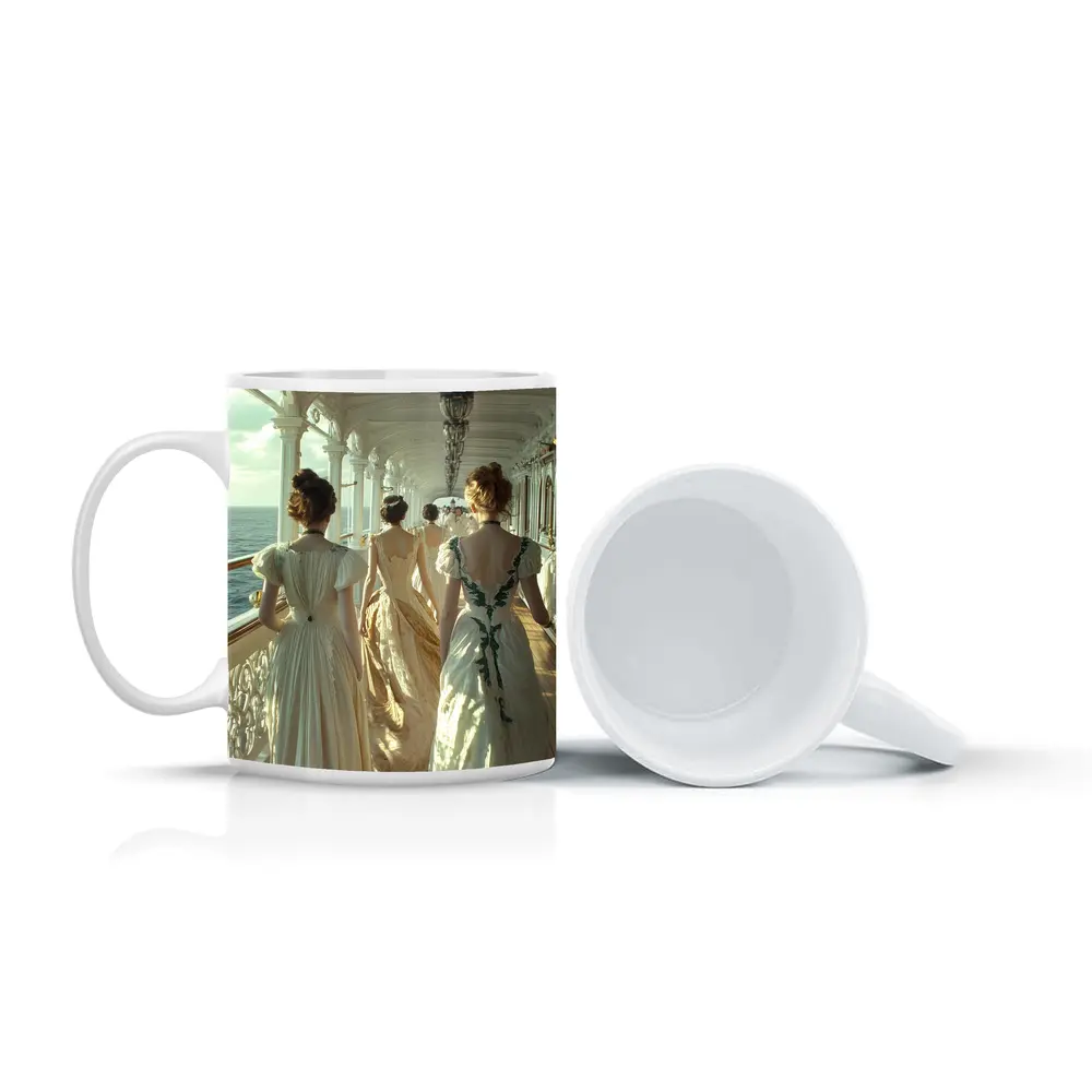 Victorian Women in Gowns on Ship Deck – Mugs
