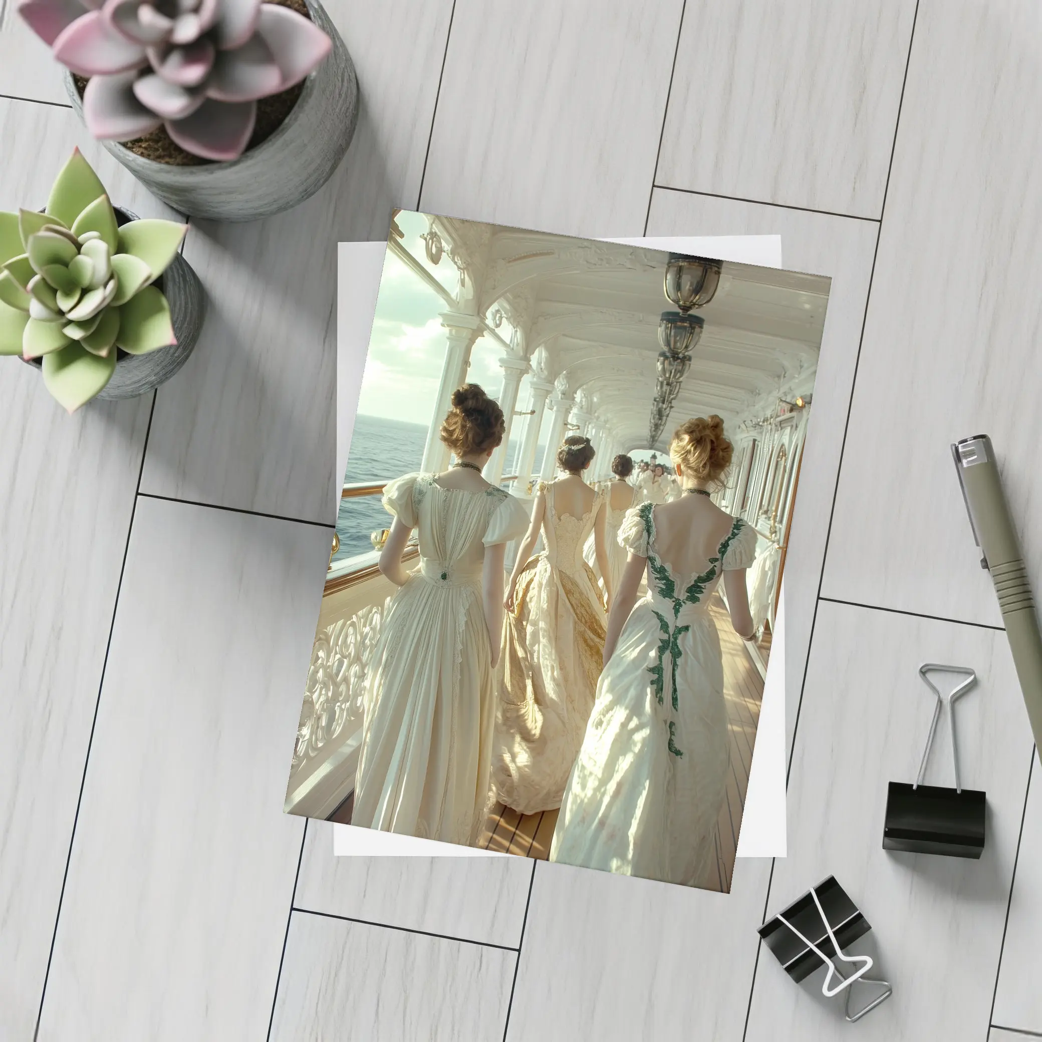 Victorian Women in Gowns on Ship Deck – Postcards