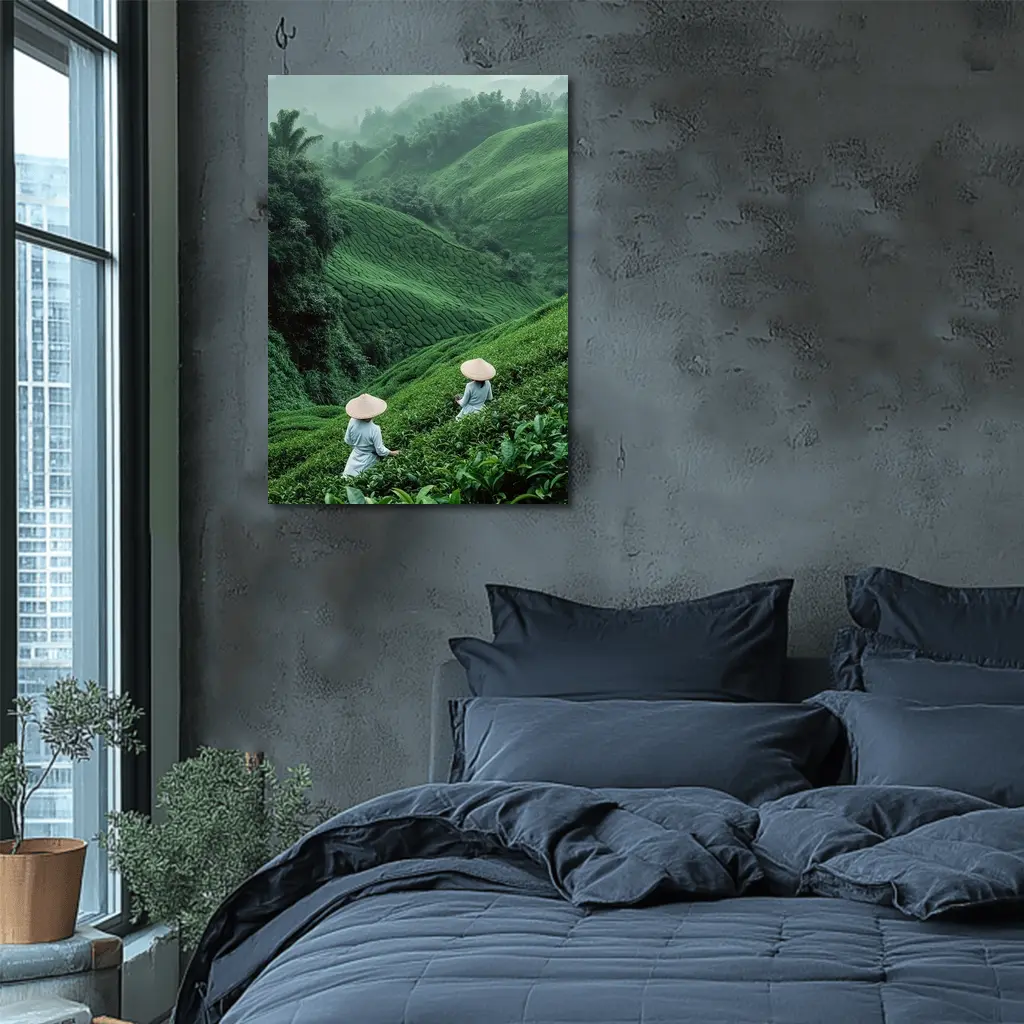 Tea Pickers Working Lush Green Mountain Plantation – Wall Art