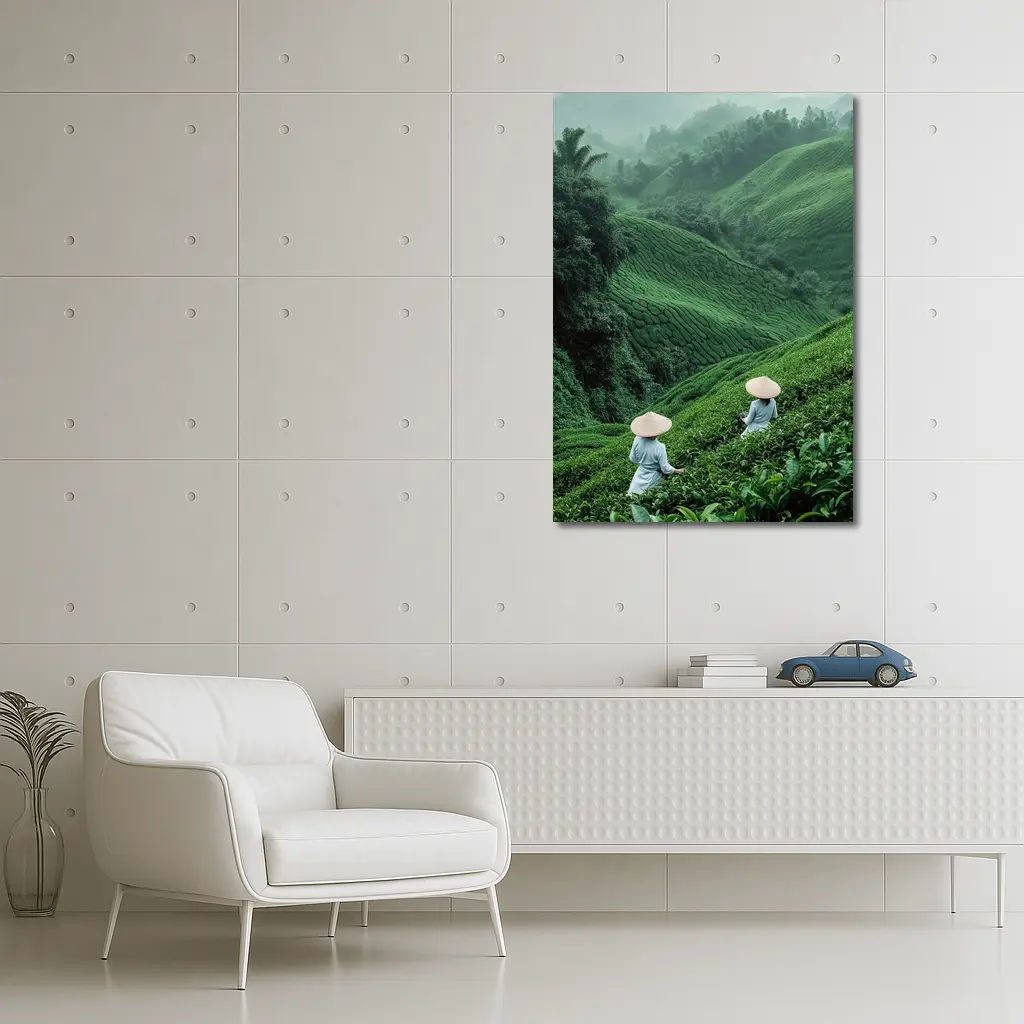 Tea Pickers Working Lush Green Mountain Plantation – Wall Art