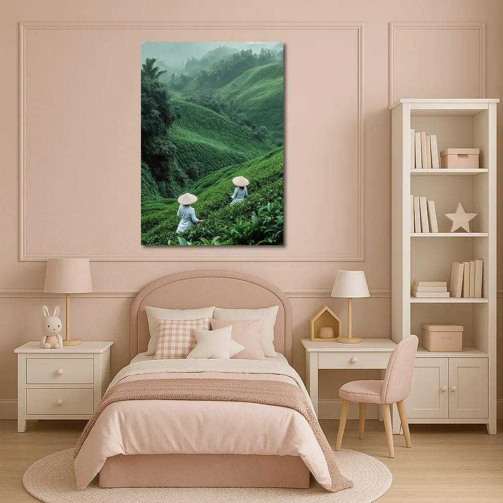Tea Pickers Working Lush Green Mountain Plantation – Wall Art