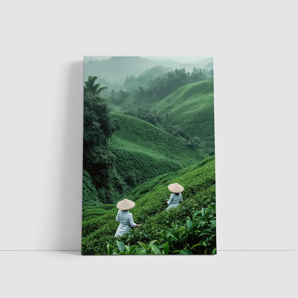 Tea Pickers Working Lush Green Mountain Plantation – Wall Art