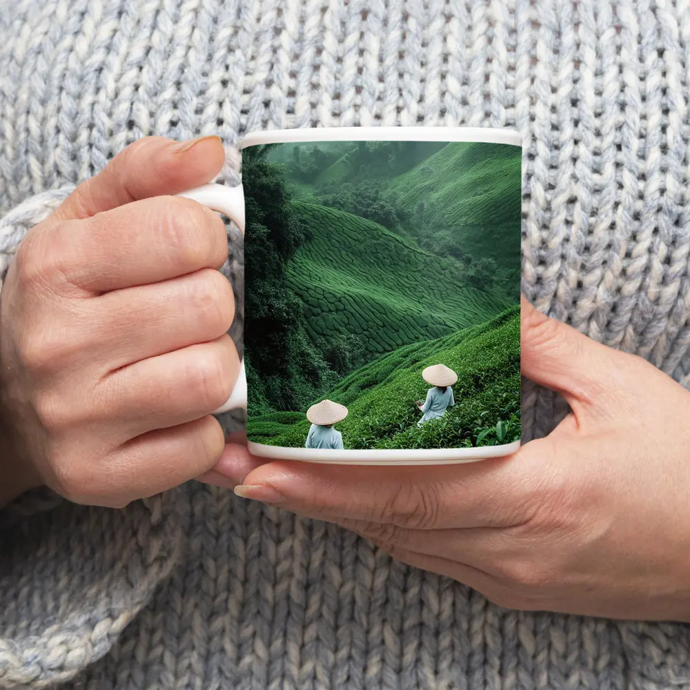 Tea Pickers Working Lush Green Mountain Plantation – Mugs