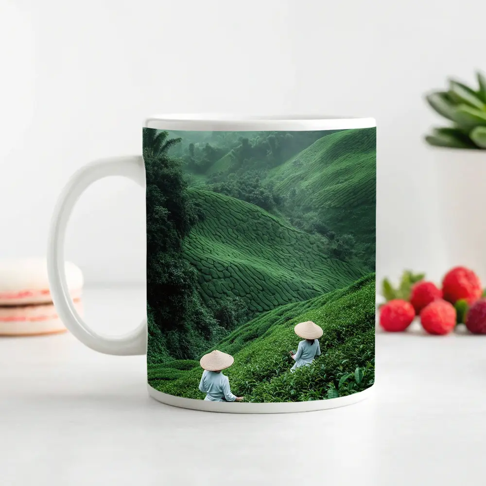 Tea Pickers Working Lush Green Mountain Plantation – Mugs