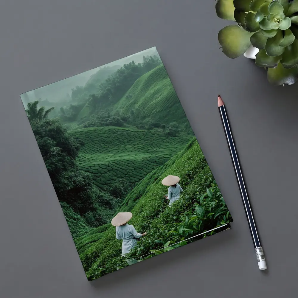 Tea Pickers Working Lush Green Mountain Plantation – Notebooks