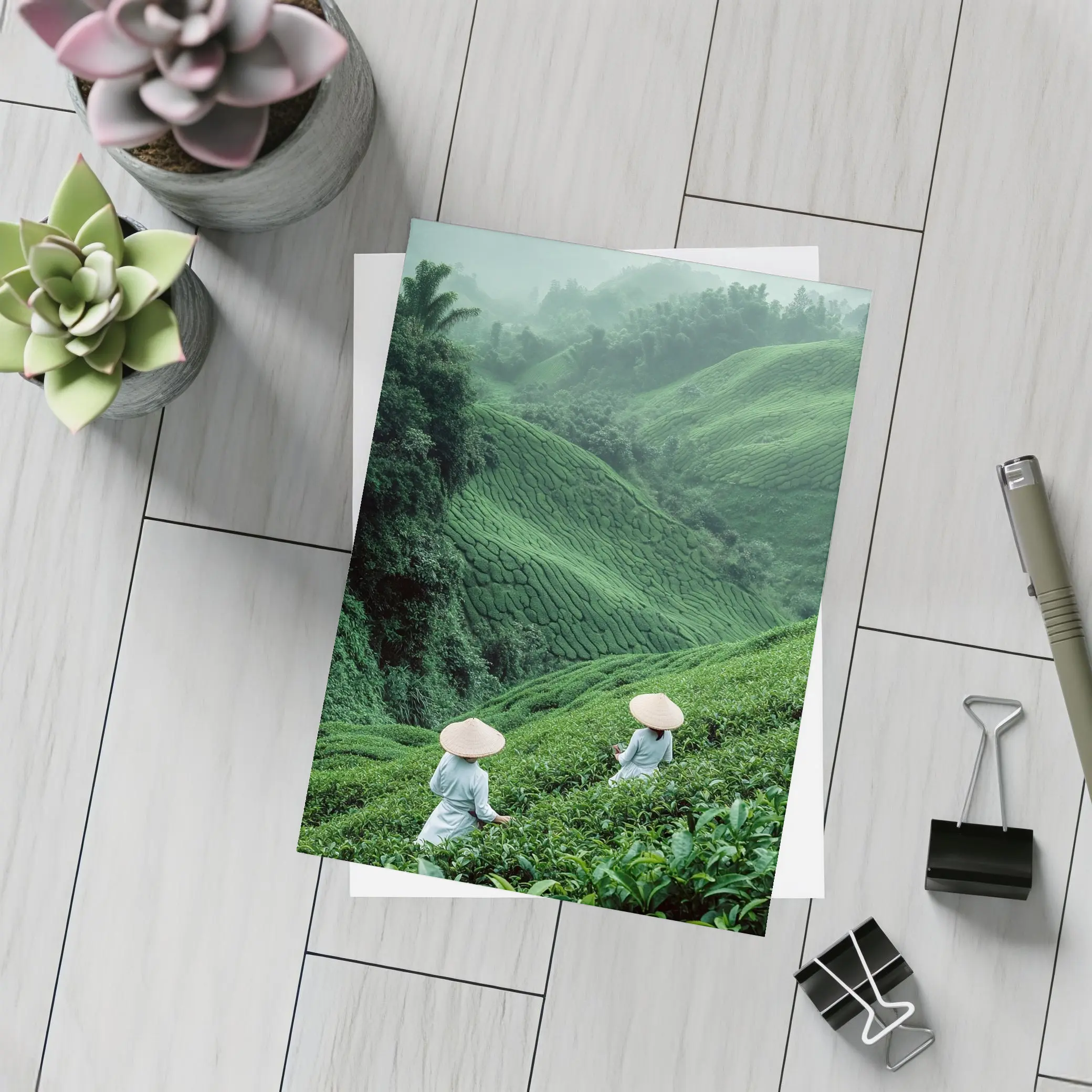 Tea Pickers Working Lush Green Mountain Plantation – Postcards