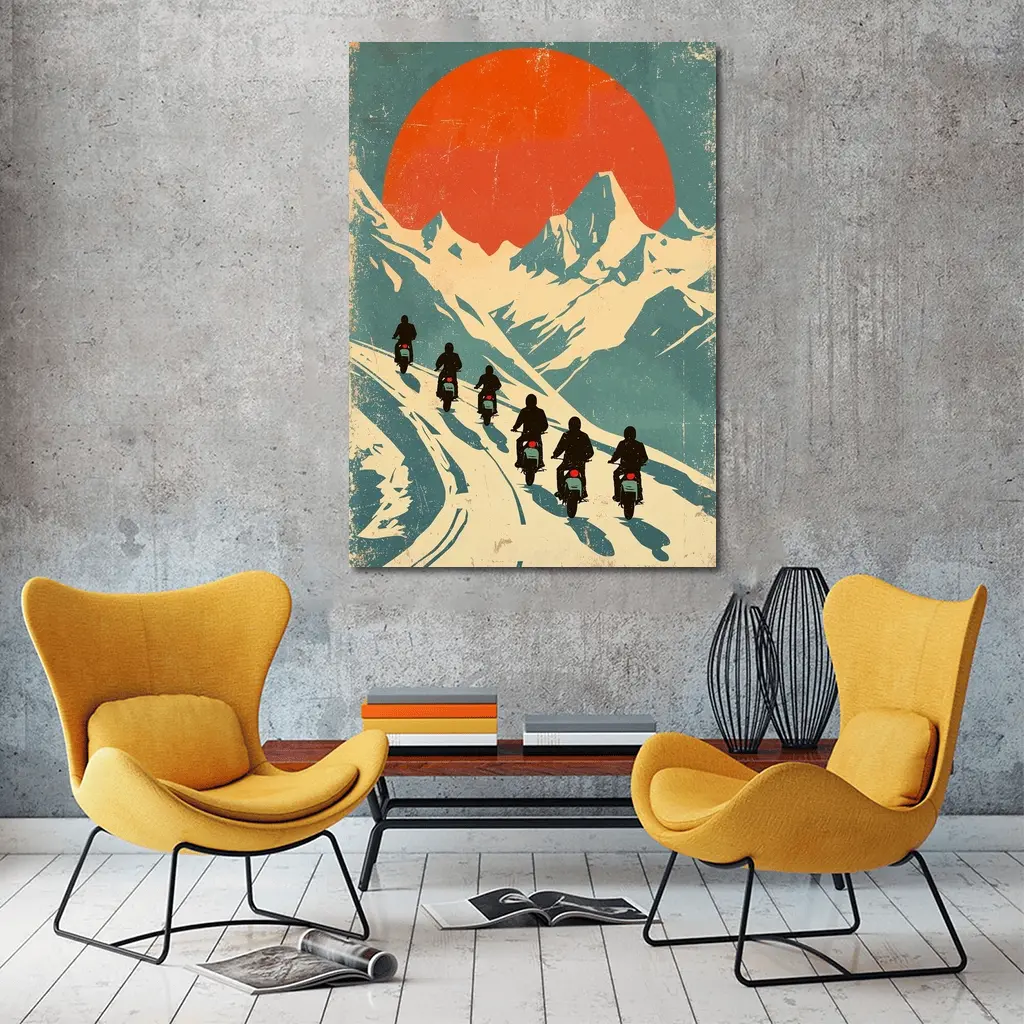 Retro Motorcycle Riders Mountain Sun Poster – Wall Art