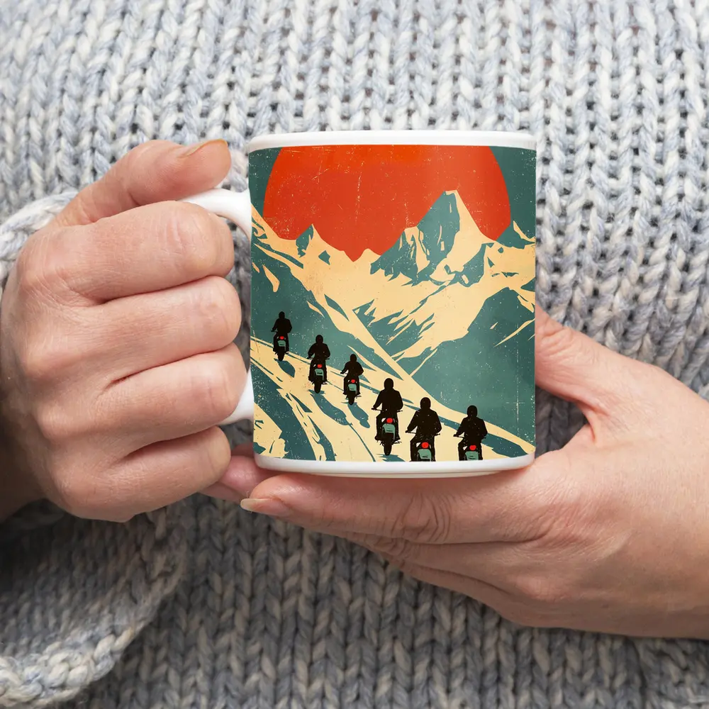 Retro Motorcycle Riders Mountain Sun Poster – Mugs
