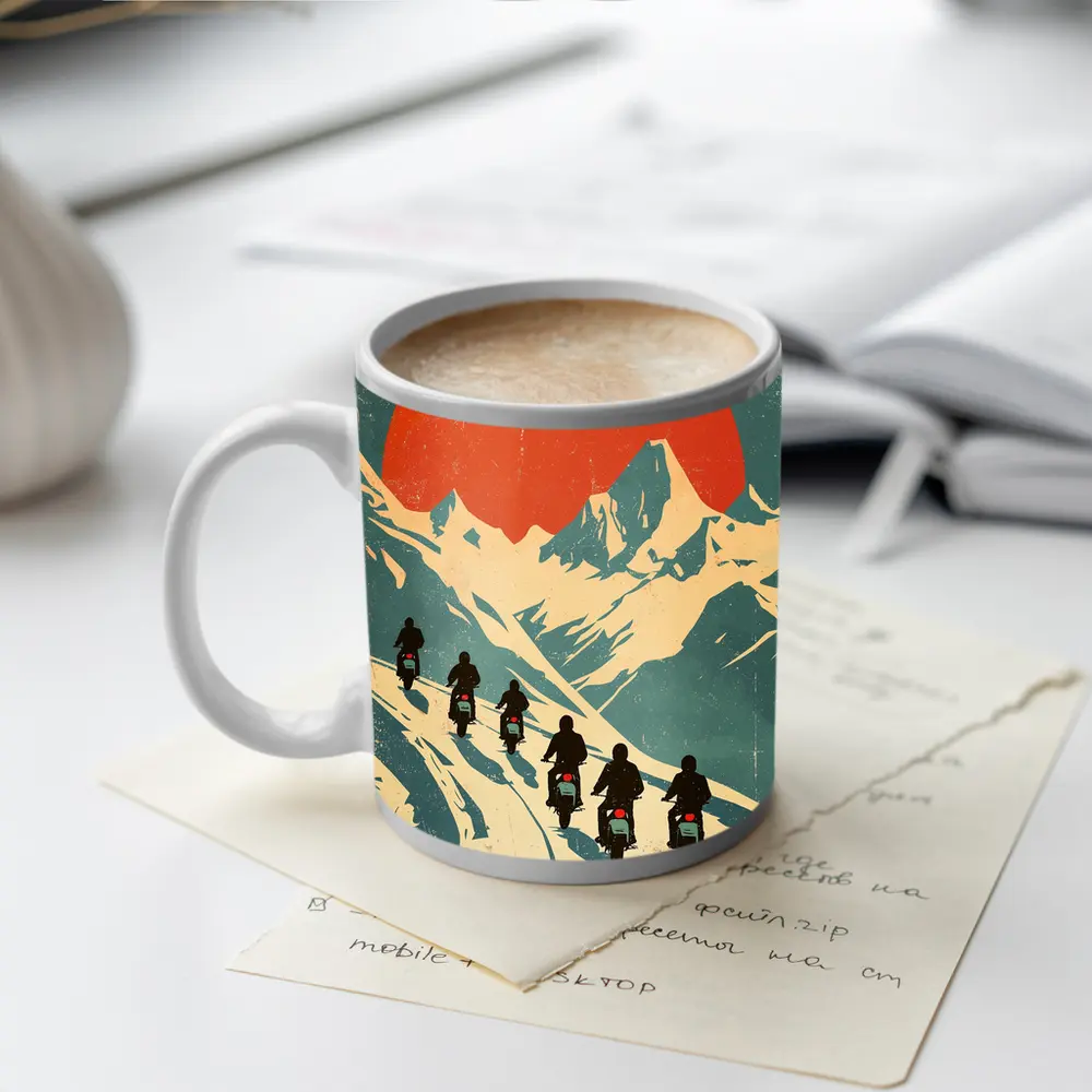 Retro Motorcycle Riders Mountain Sun Poster – Mugs