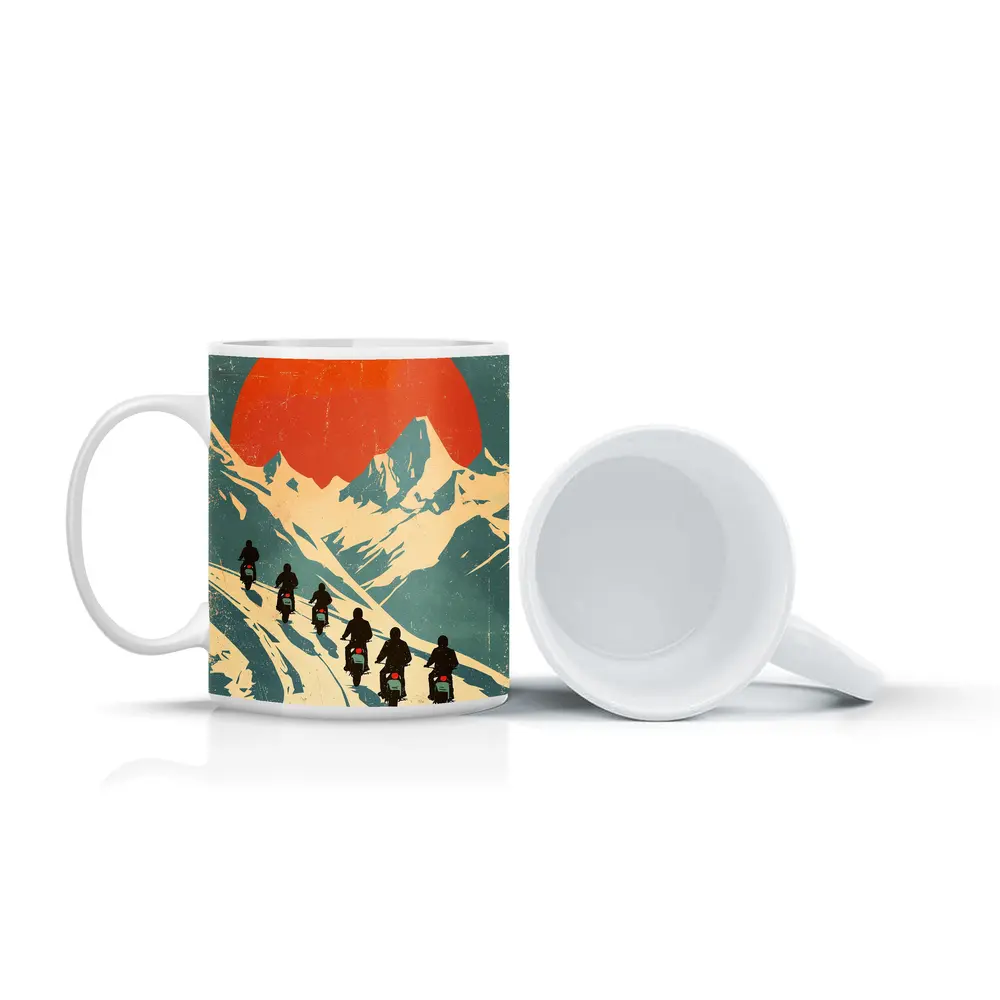 Retro Motorcycle Riders Mountain Sun Poster – Mugs