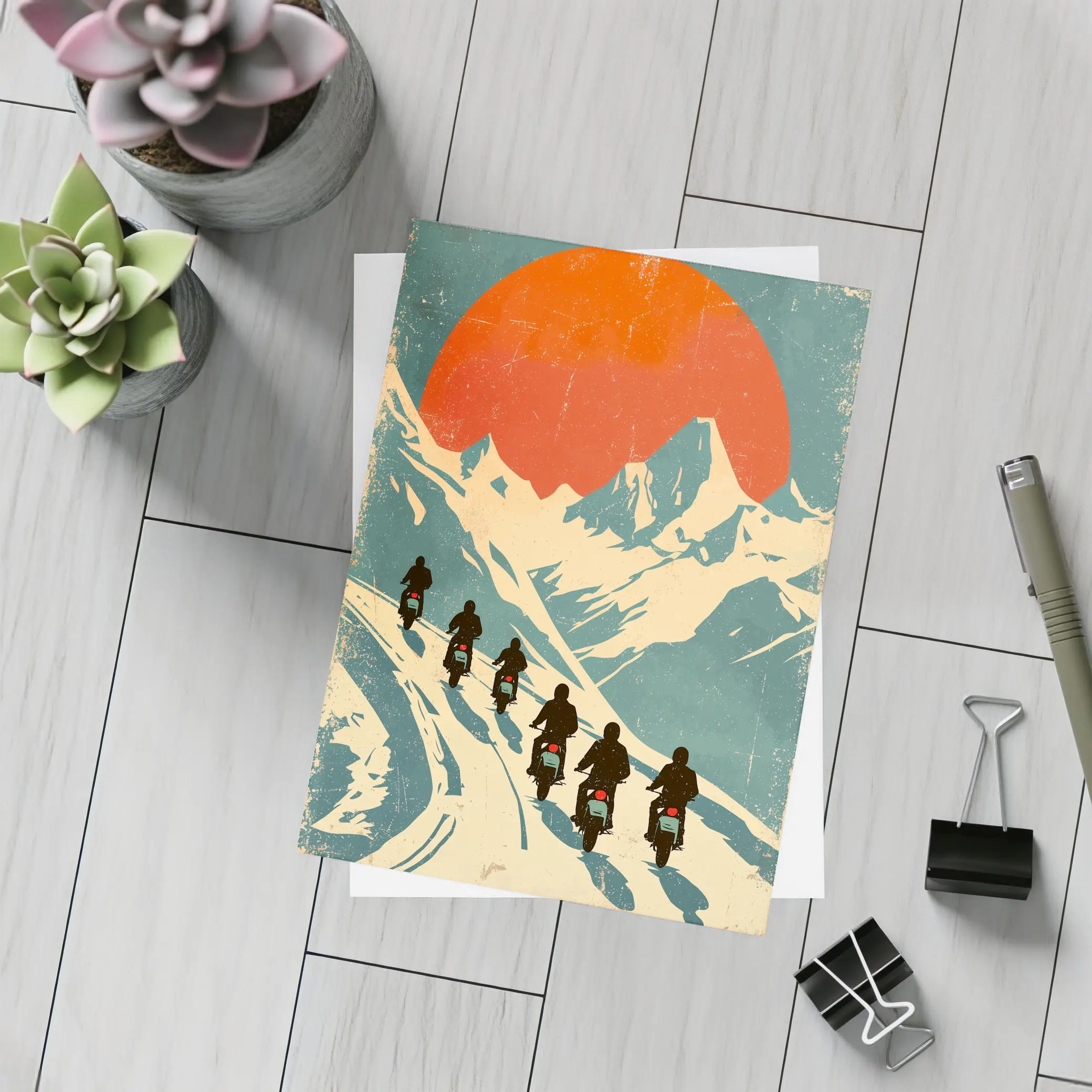 Retro Motorcycle Riders Mountain Sun Poster – Postcards