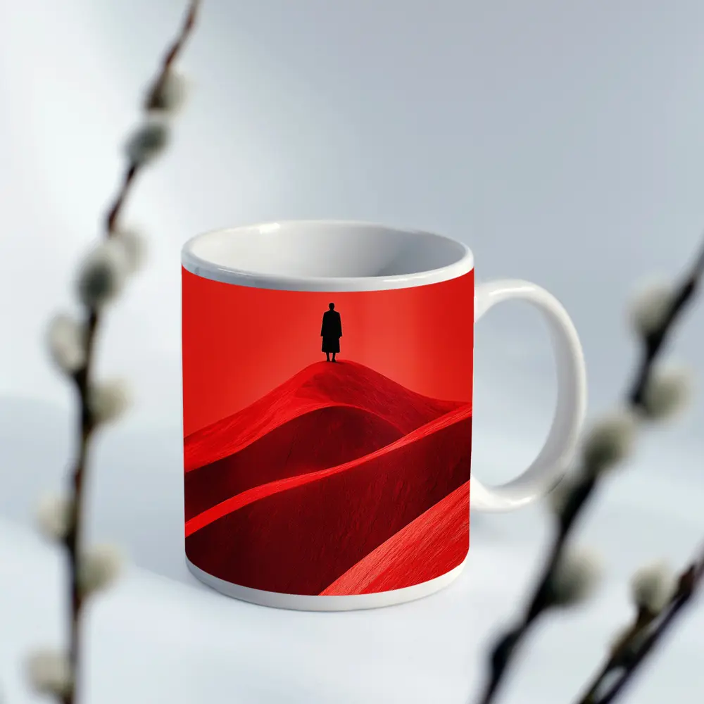 Lone Figure Standing On Red Sand Dunes – Mugs