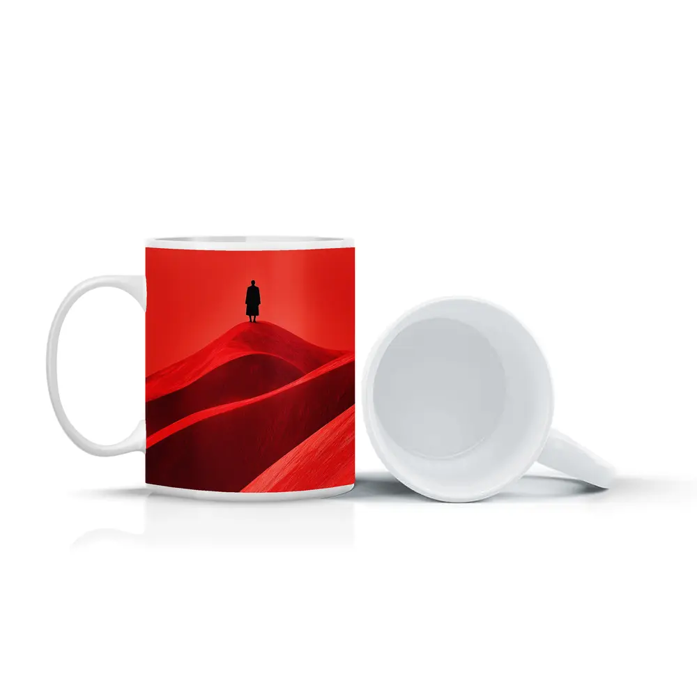 Lone Figure Standing On Red Sand Dunes – Mugs