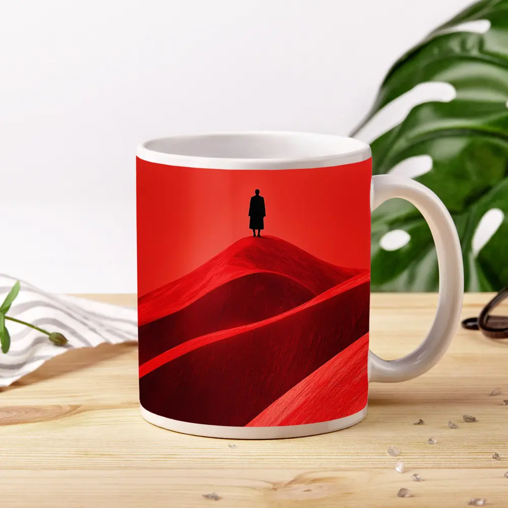 Lone Figure Standing On Red Sand Dunes – Mugs