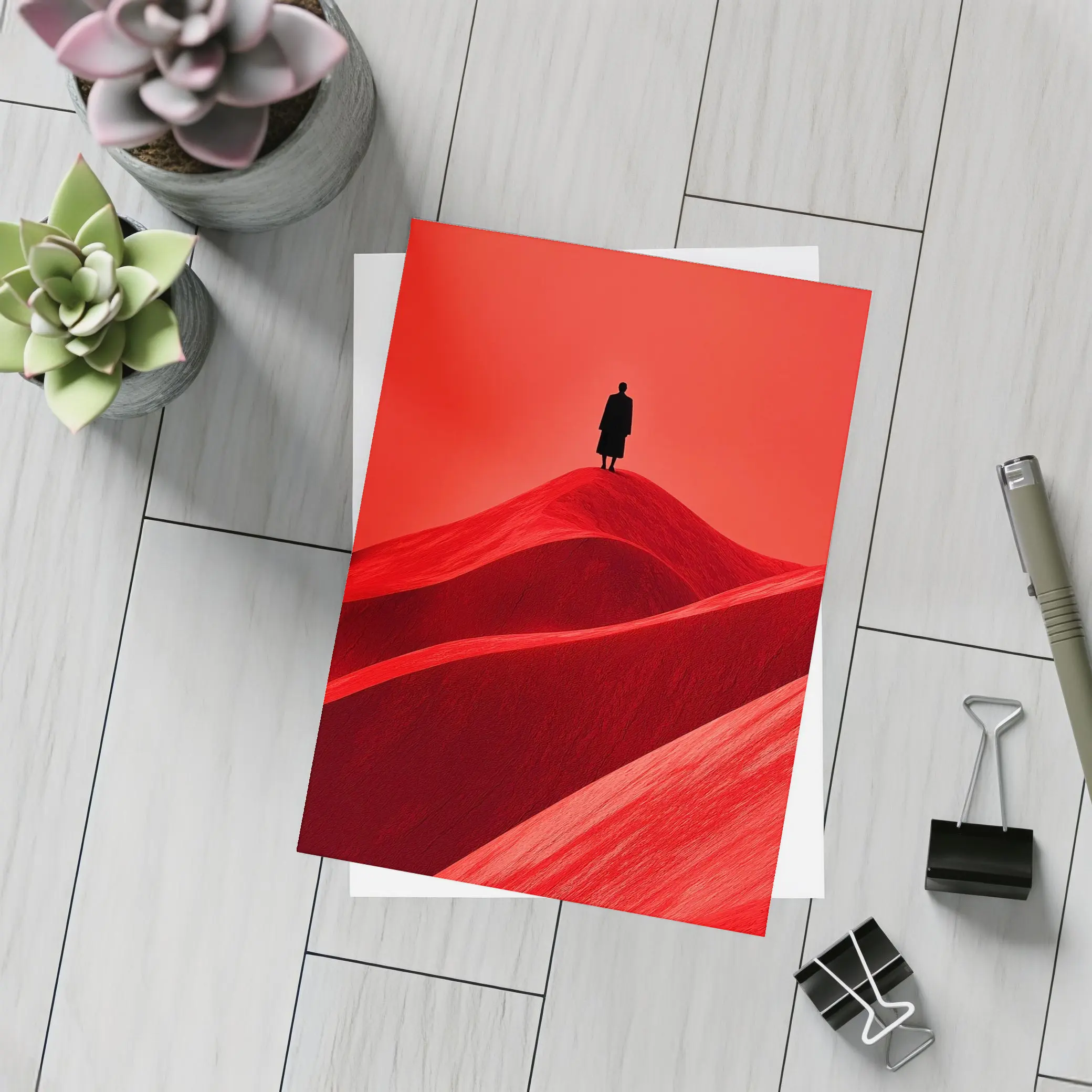 Lone Figure Standing On Red Sand Dunes – Postcards