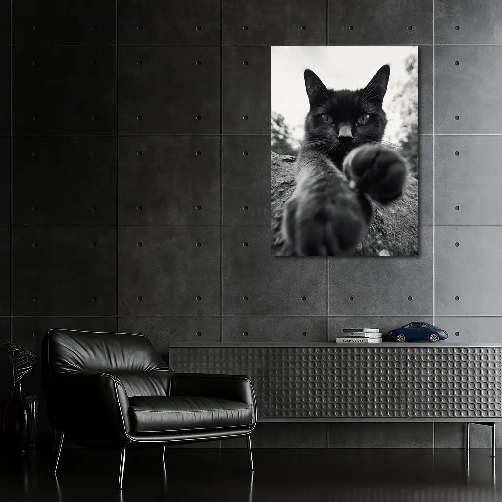 Black Cat Reaching Paw Toward Camera Outdoors – Wall Art