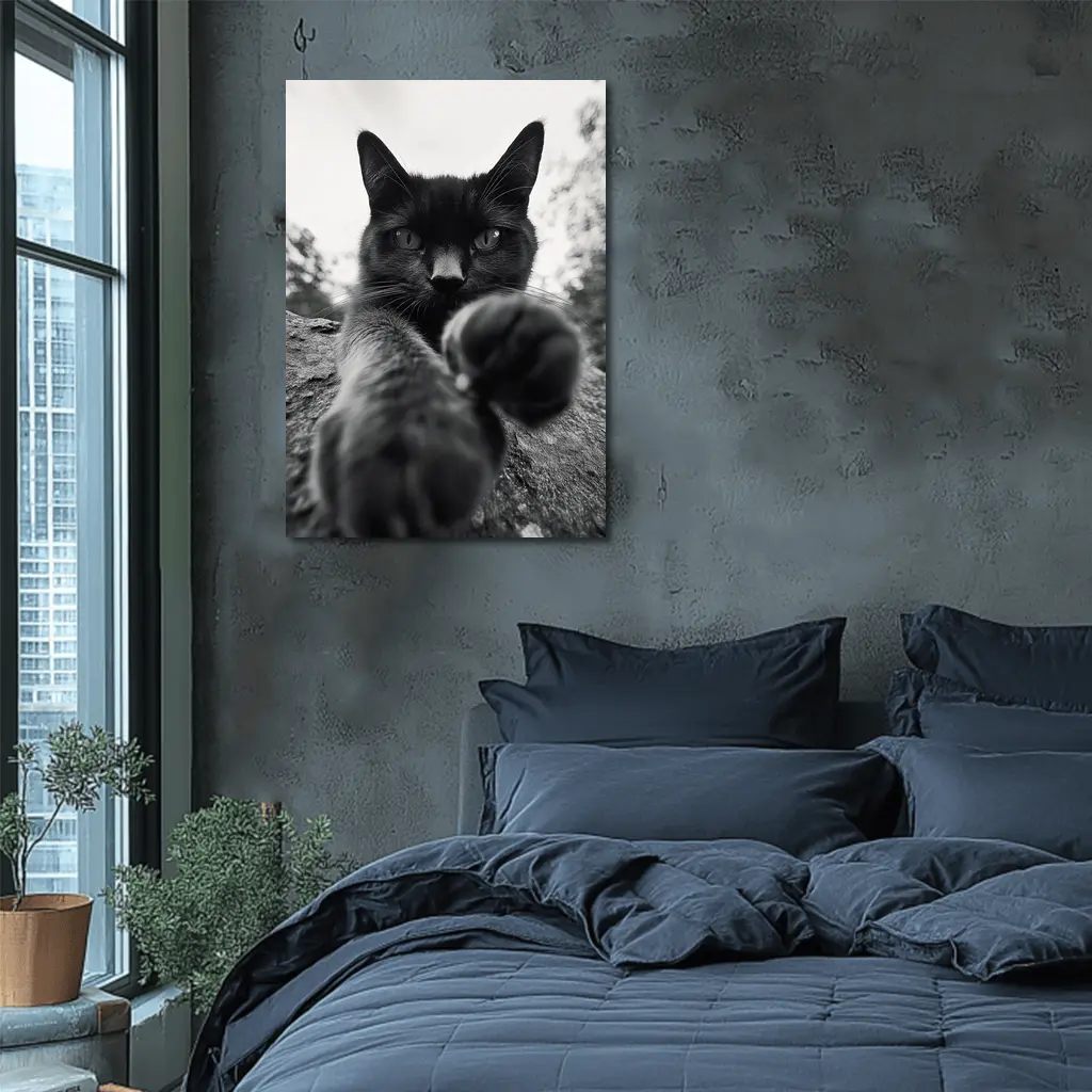 Black Cat Reaching Paw Toward Camera Outdoors – Wall Art