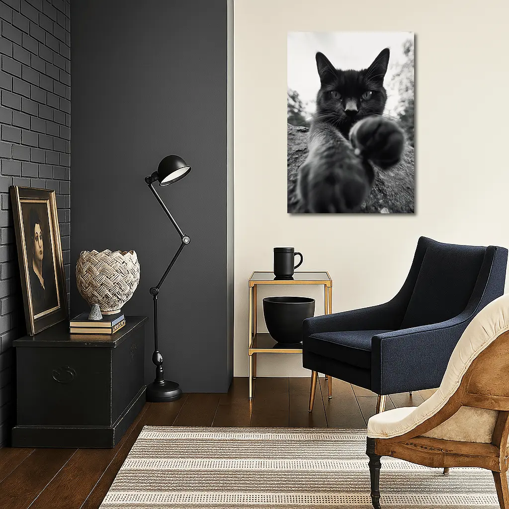 Black Cat Reaching Paw Toward Camera Outdoors – Wall Art