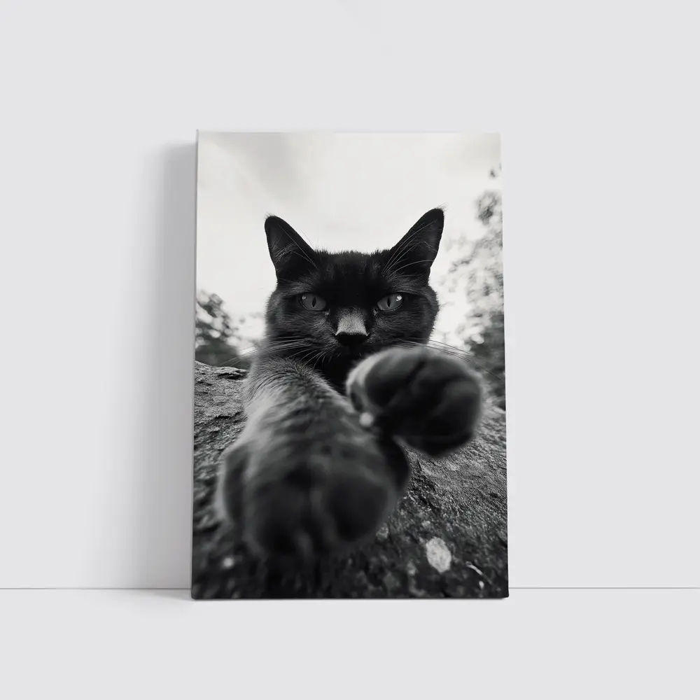 Black Cat Reaching Paw Toward Camera Outdoors – Wall Art