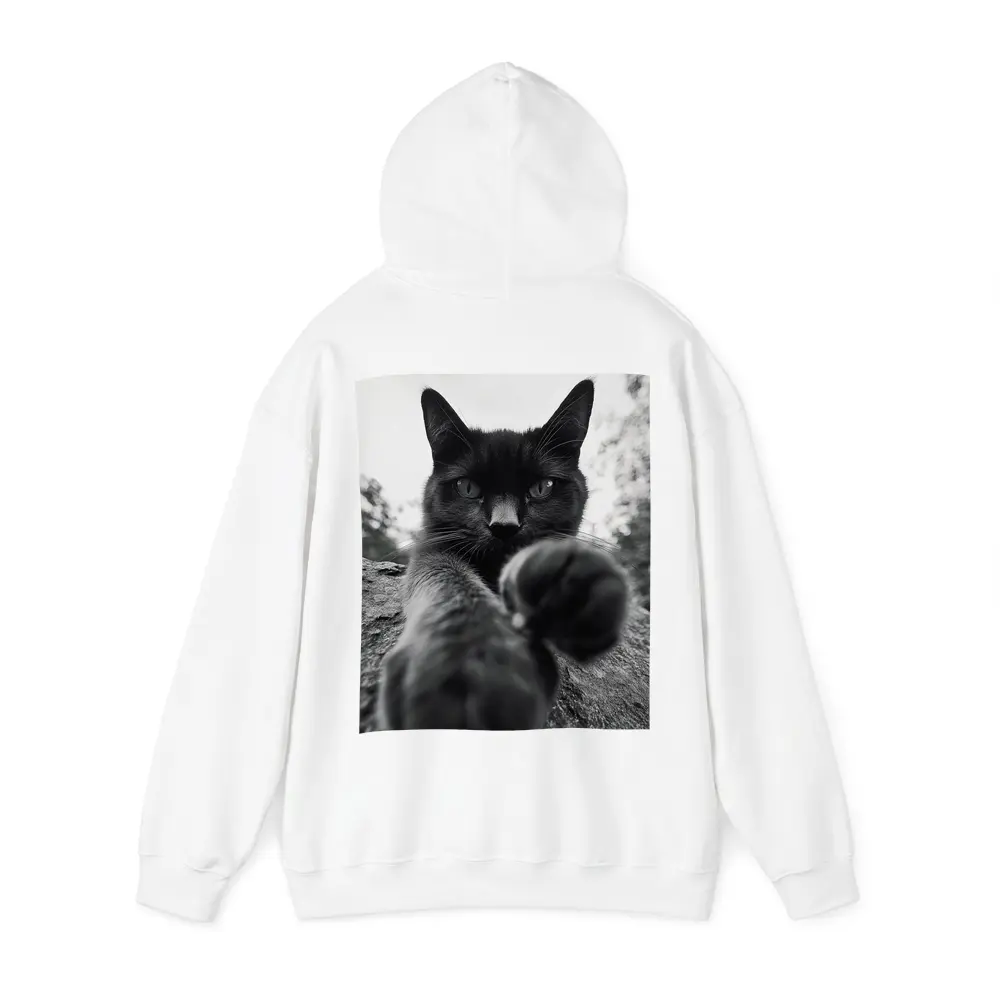 Black Cat Reaching Paw Toward Camera Outdoors – Hoodies