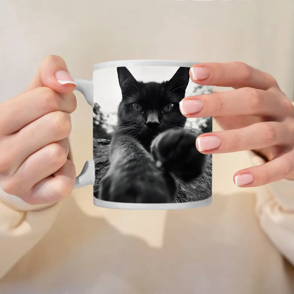 Black Cat Reaching Paw Toward Camera Outdoors – Mugs