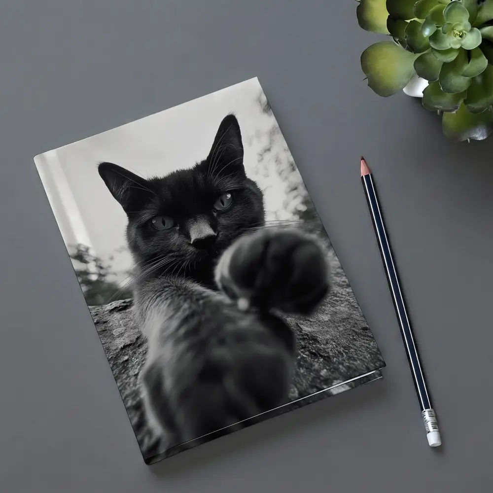 Black Cat Reaching Paw Toward Camera Outdoors – Notebooks