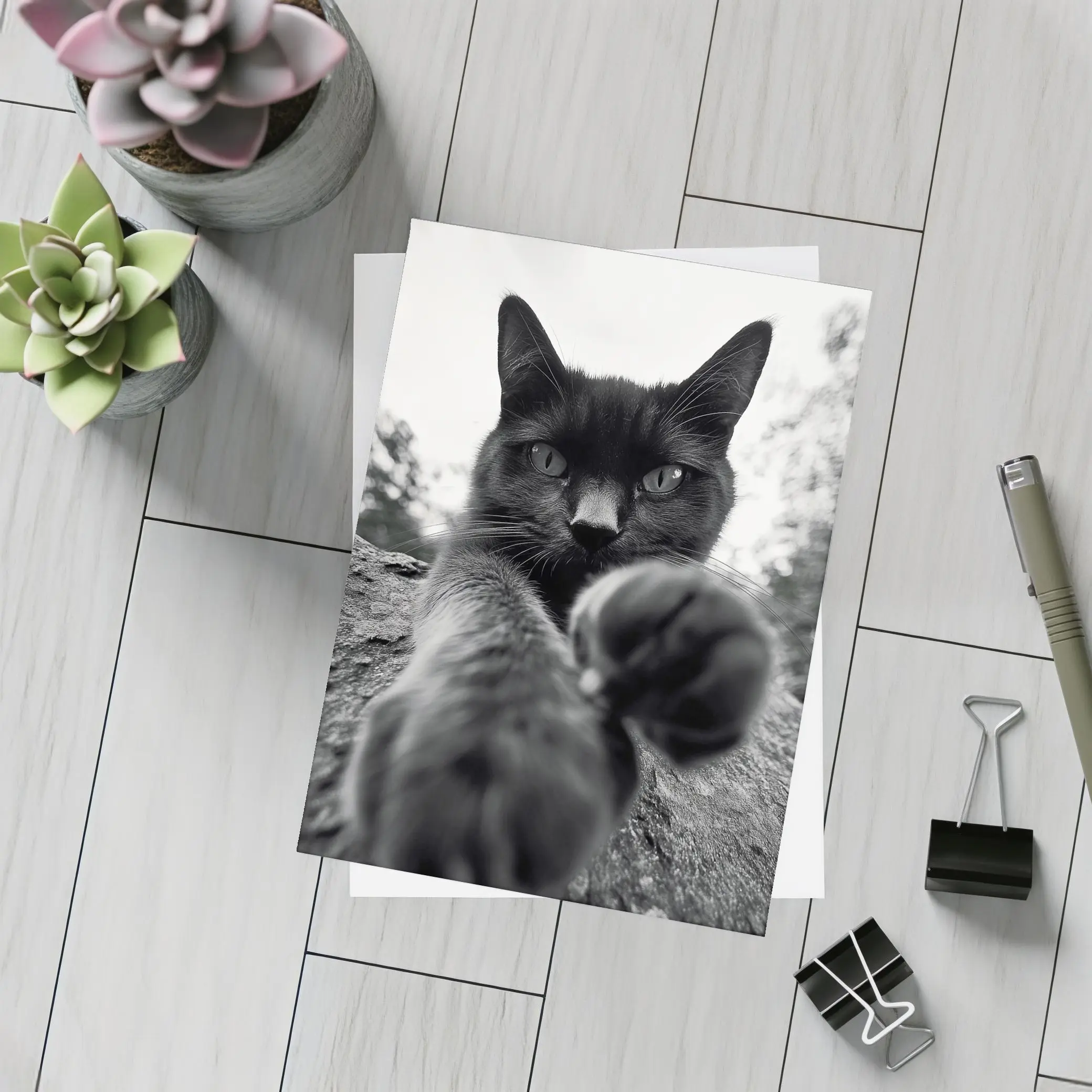 Black Cat Reaching Paw Toward Camera Outdoors – Postcards