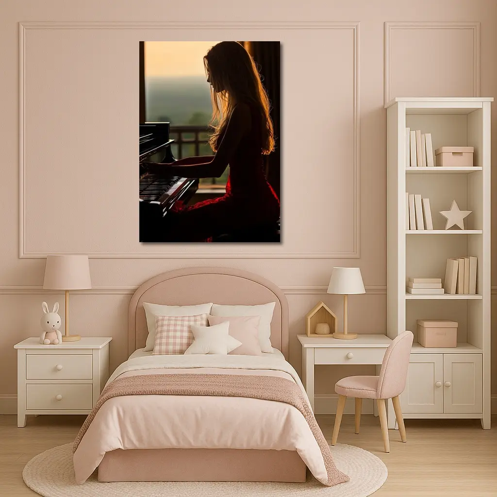 Woman Playing Piano Sunset Golden Light – Wall Art