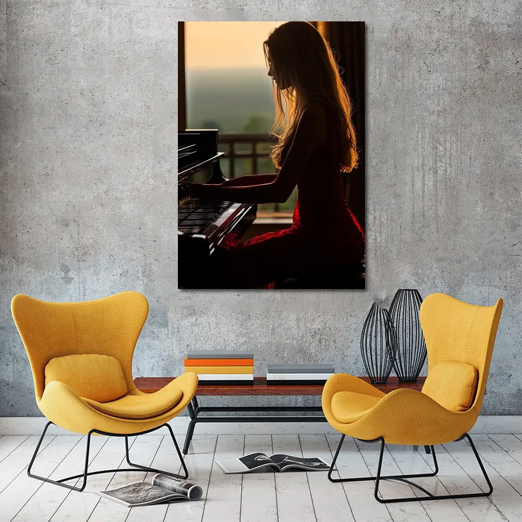 Woman Playing Piano Sunset Golden Light – Wall Art