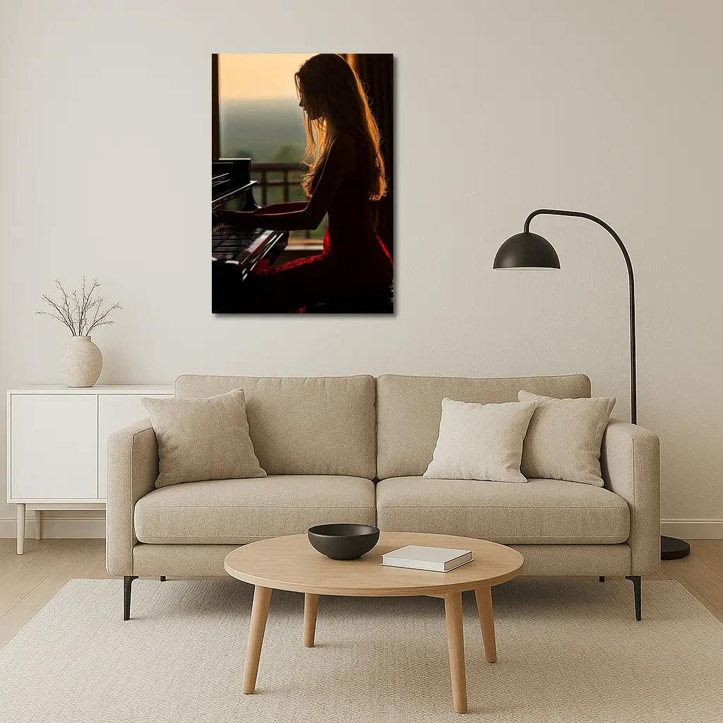 Woman Playing Piano Sunset Golden Light – Wall Art