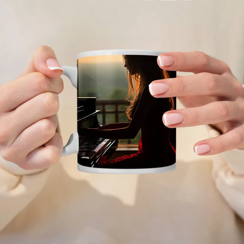 Woman Playing Piano Sunset Golden Light – Mugs