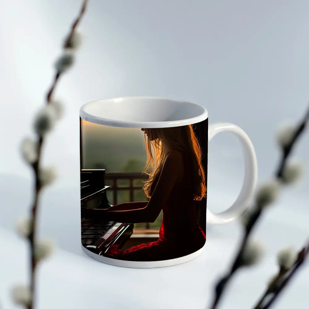 Woman Playing Piano Sunset Golden Light – Mugs