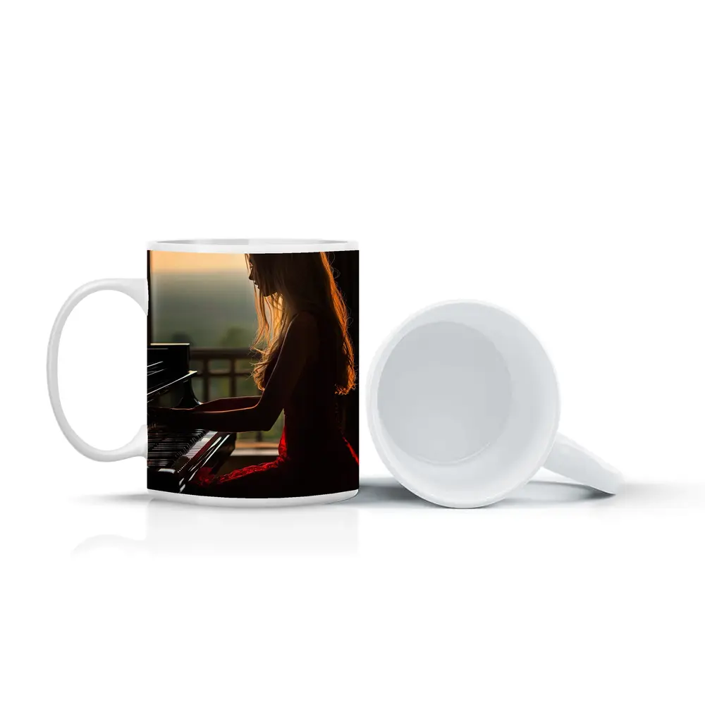 Woman Playing Piano Sunset Golden Light – Mugs