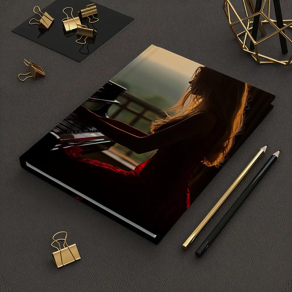 Woman Playing Piano Sunset Golden Light – Notebooks