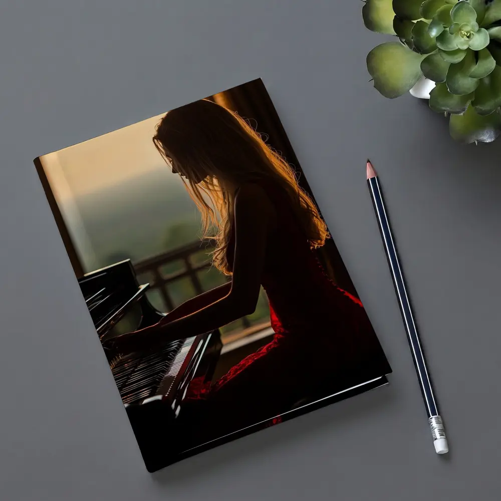 Woman Playing Piano Sunset Golden Light – Notebooks