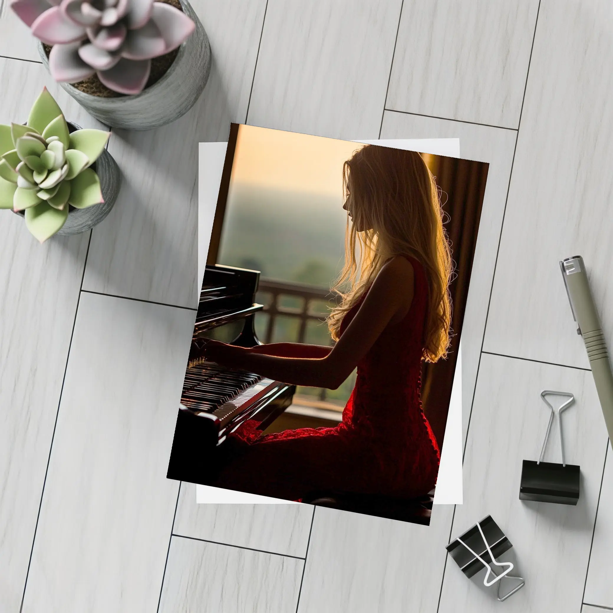 Woman Playing Piano Sunset Golden Light – Postcards