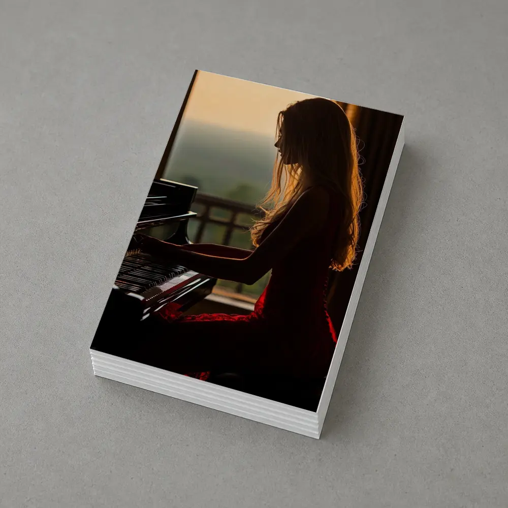 Woman Playing Piano Sunset Golden Light – Postcards