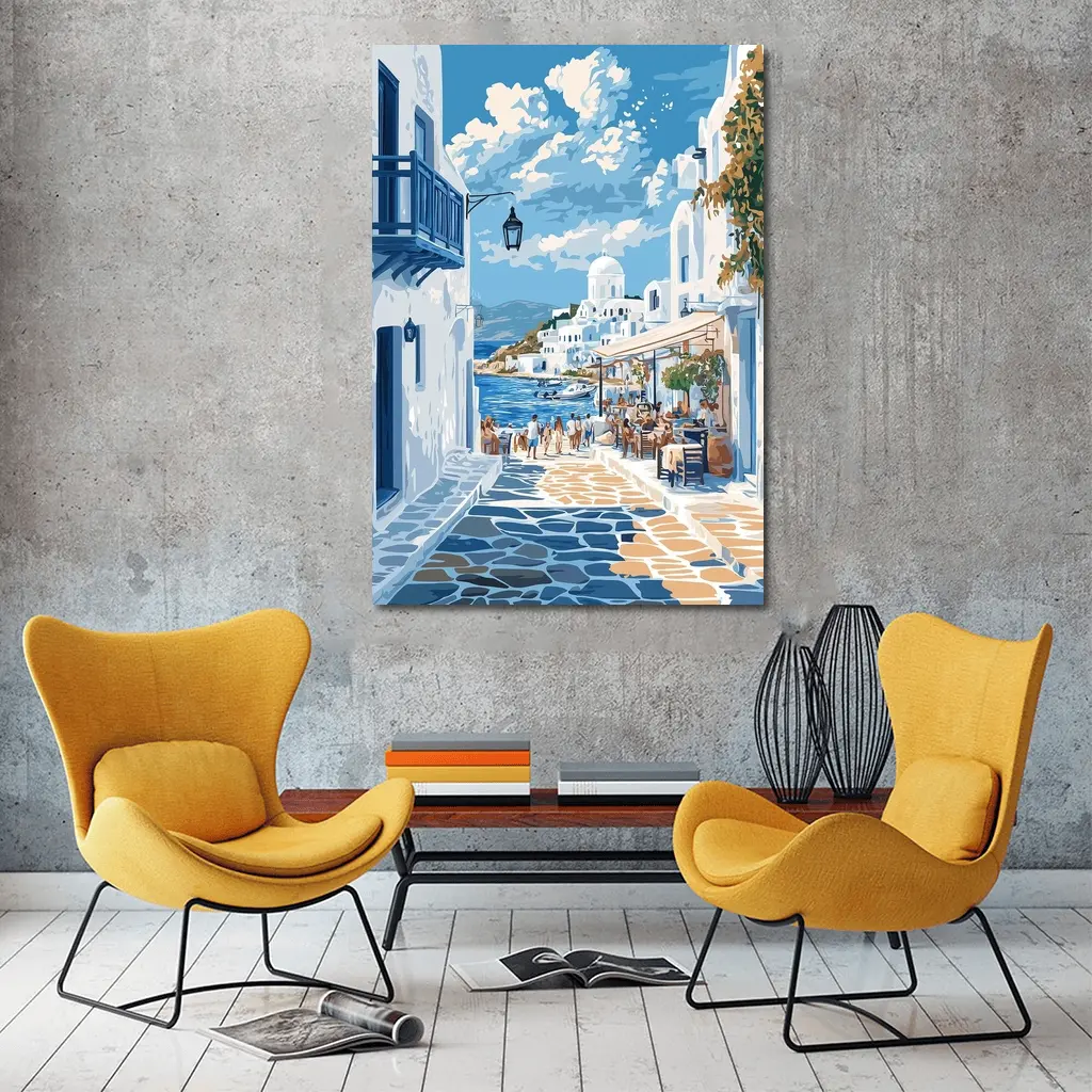 Greek Island Coastal Village Street Scene – Wall Art