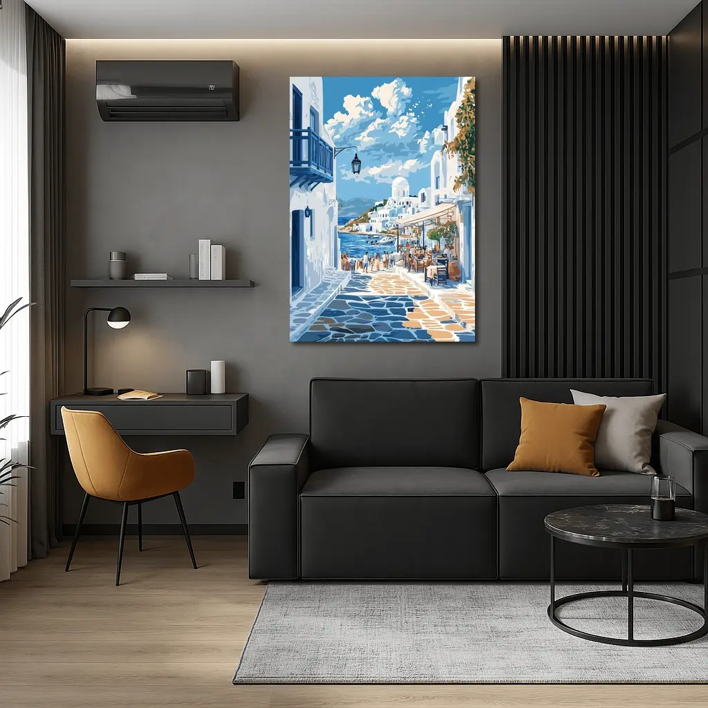 Greek Island Coastal Village Street Scene – Wall Art
