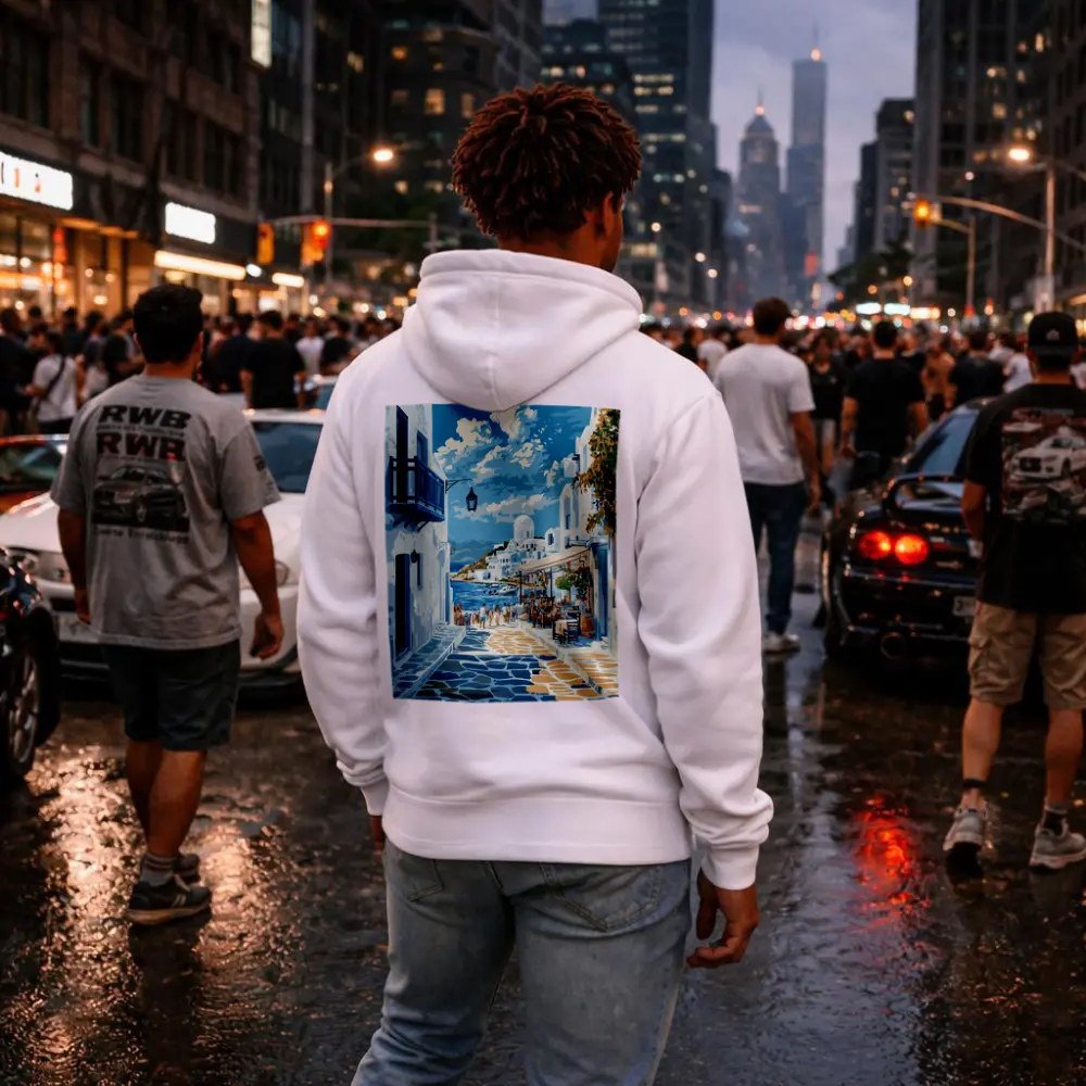 Greek Island Coastal Village Street Scene – Hoodies