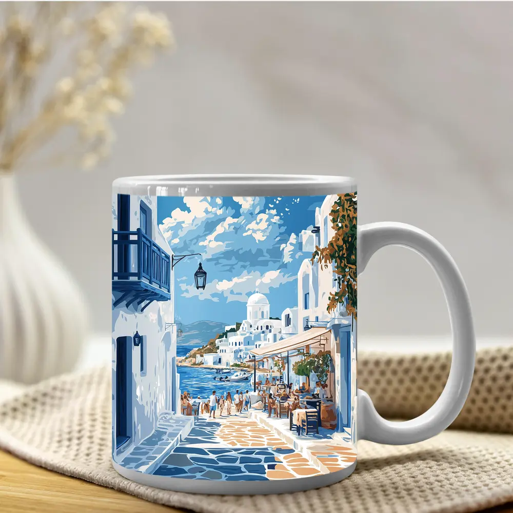 Greek Island Coastal Village Street Scene – Mugs