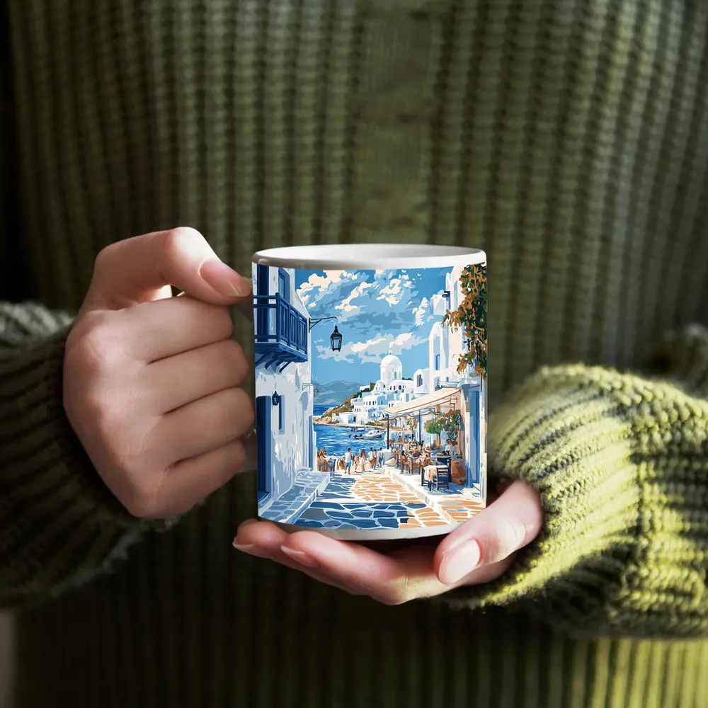 Greek Island Coastal Village Street Scene – Mugs