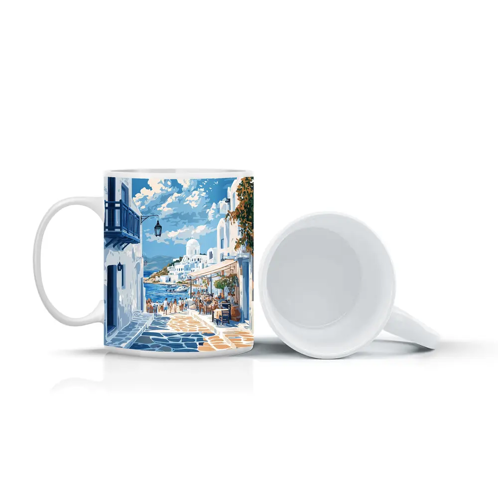 Greek Island Coastal Village Street Scene – Mugs