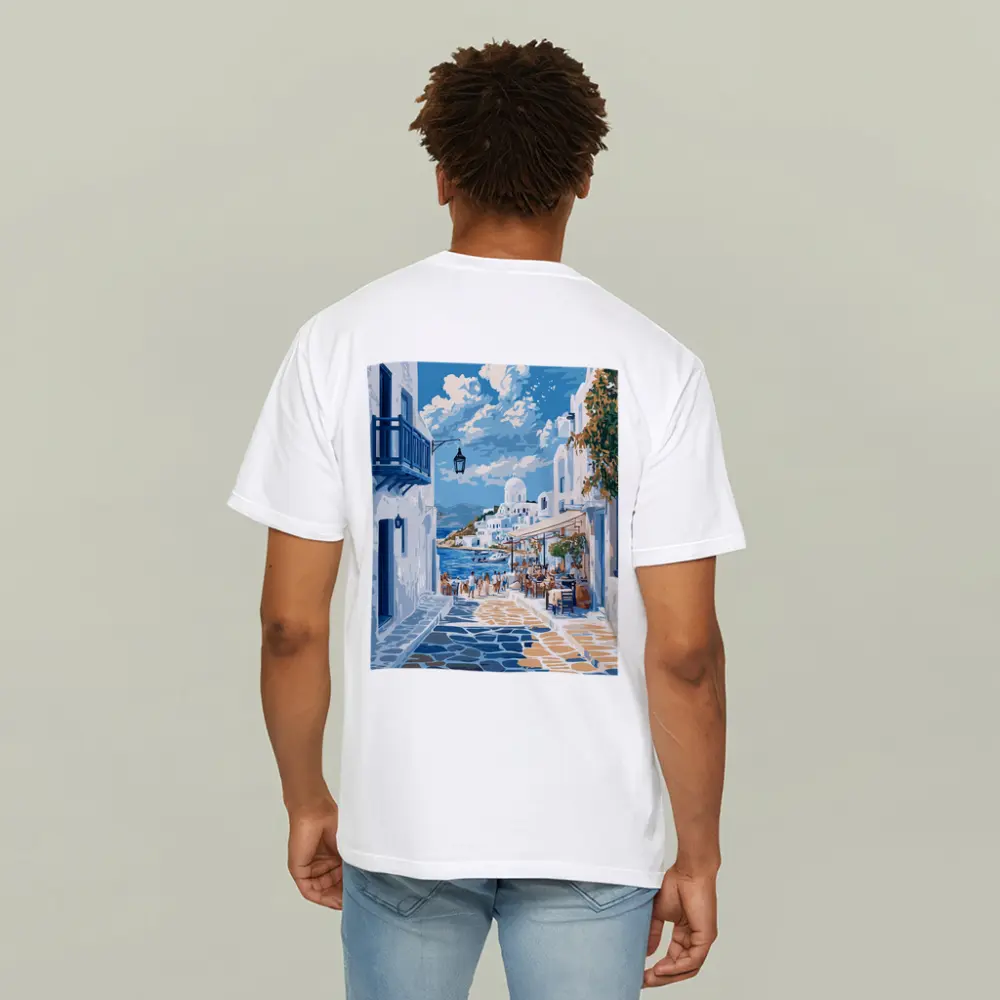 Greek Island Coastal Village Street Scene – T-Shirts