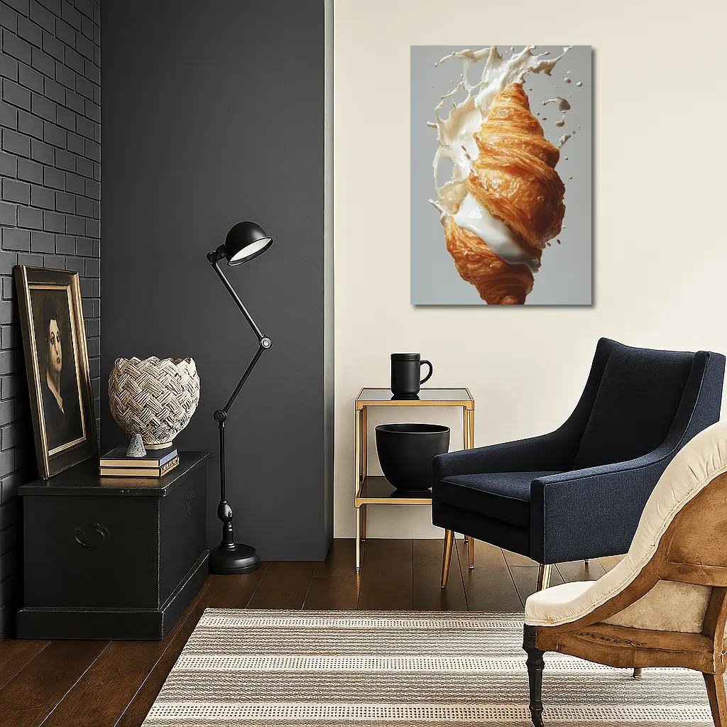 Golden Croissant Milk Splash White Background – Wall Art