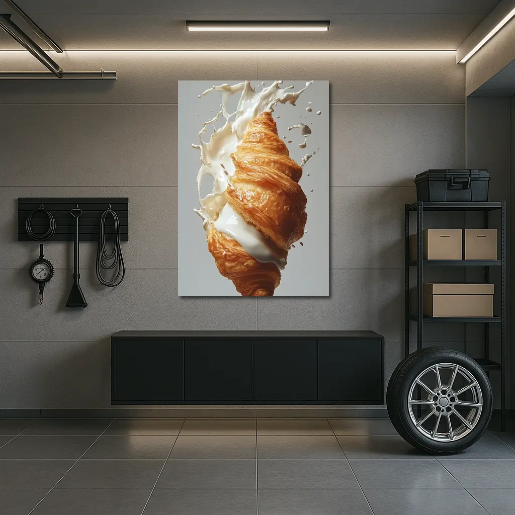 Golden Croissant Milk Splash White Background – Wall Art