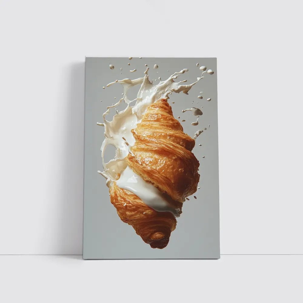 Golden Croissant Milk Splash White Background – Wall Art