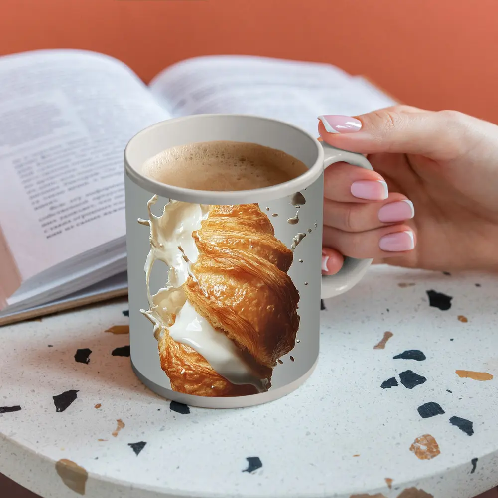 Golden Croissant Milk Splash White Background – Mugs
