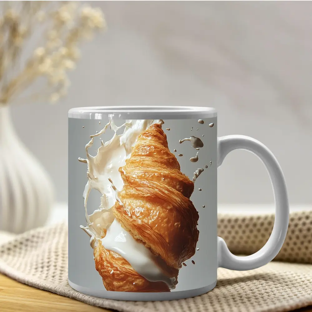 Golden Croissant Milk Splash White Background – Mugs