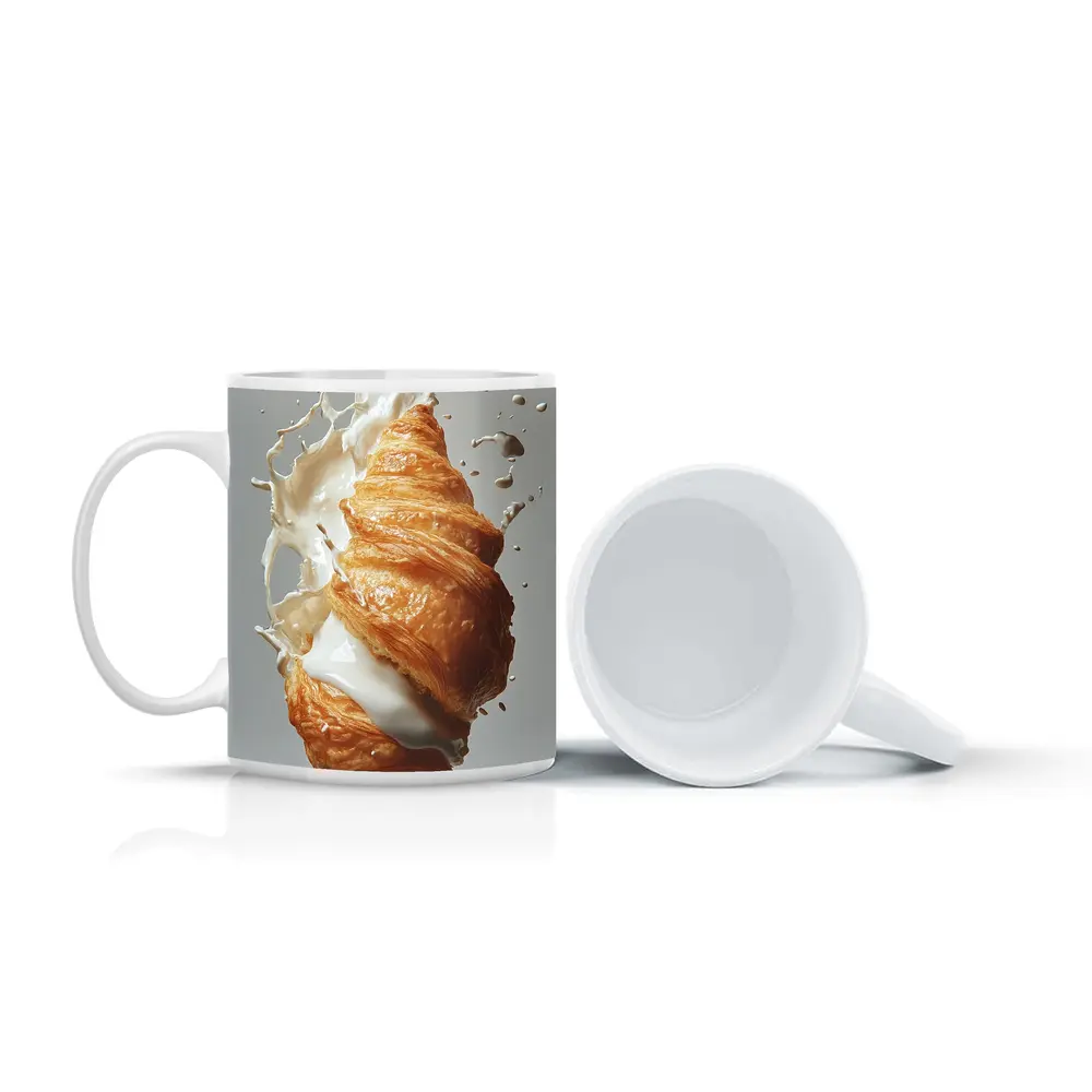 Golden Croissant Milk Splash White Background – Mugs